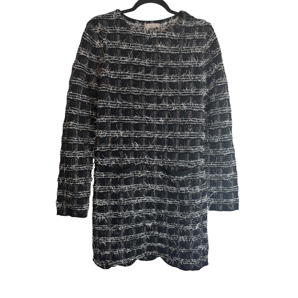 J.Crew Black White Eyelash Fringe Knit Mini Dress Metallic Stripe Small